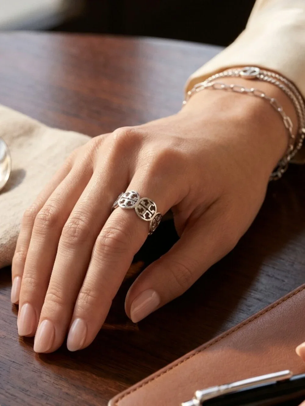 Tory Burch Frozen Logo Band Ring - Pick Silver Or Gold